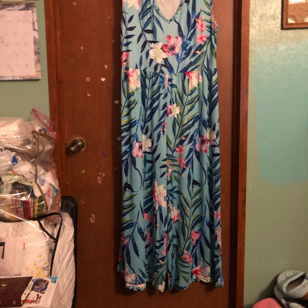 NIB Love You Dear Turquoise & Green Floral V Neck Palazzo Sleeveless Jumpsuit - Picture 2 of 10